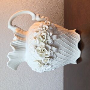 Vintage Ivory Porcelain Pitcher Vase w/Bisque Roses